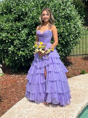 Sherri Hill Lilac Strapless Tiered Ruffle Prom Gown
